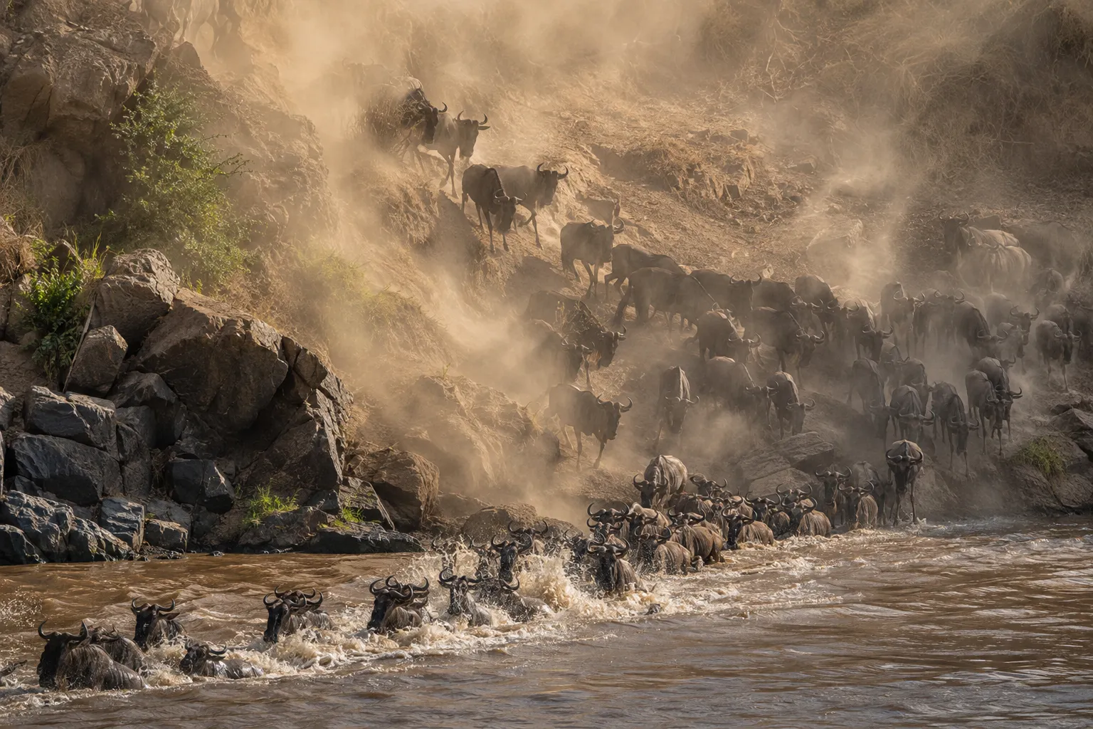 A long column of wildebeest raising dust across the plains.
