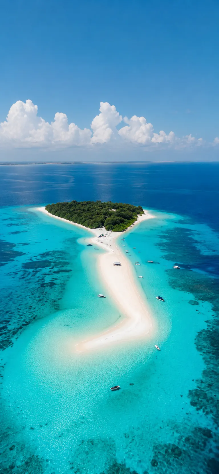An aerial view of a forested island trailing a white sand spit into turquoise reef shallows, small boats moored along its edge.